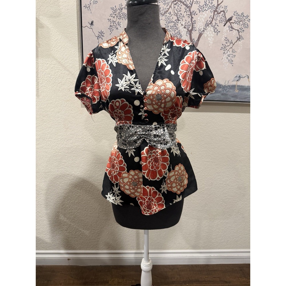 Jonathan Martin Black Red Floral‎ Satin V-Neck Blouse Belt Puff Sleeve M